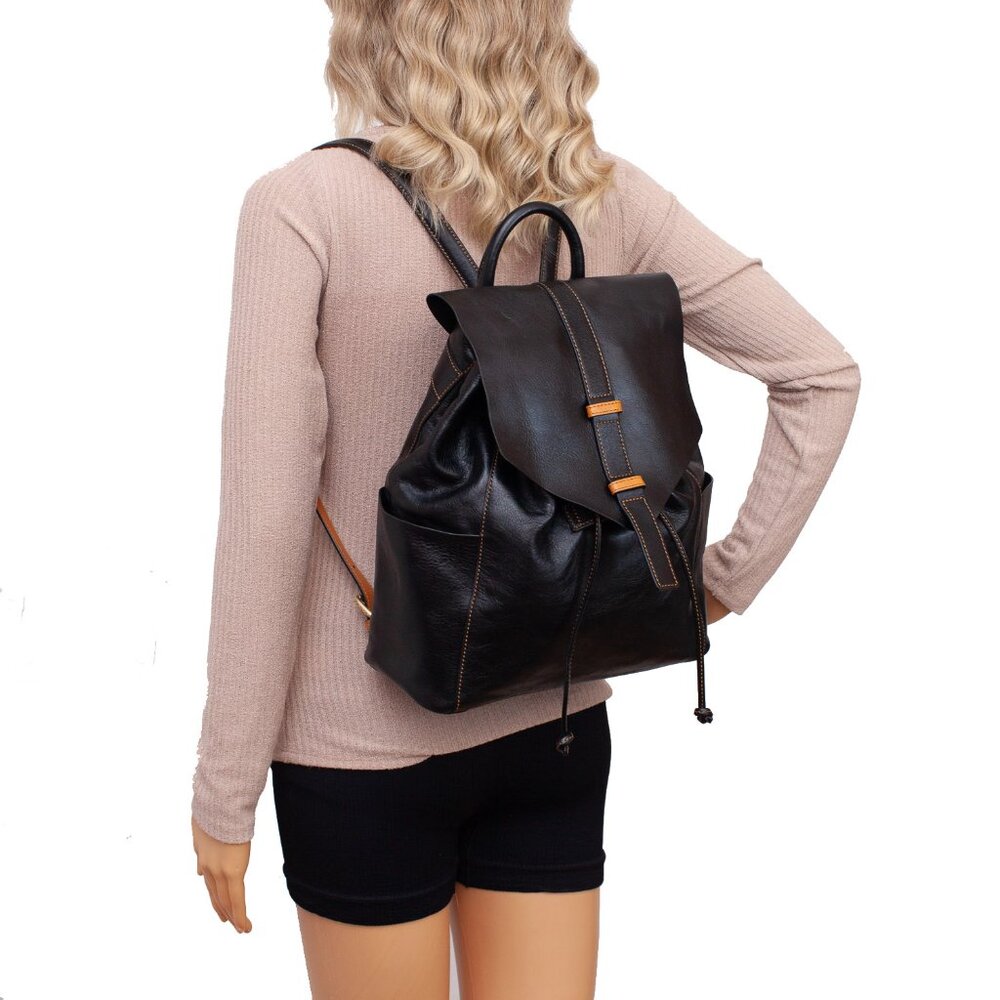 Vera Bradley Black Leather Drawstring Backpack Cognac Tan Trim Boho NWT